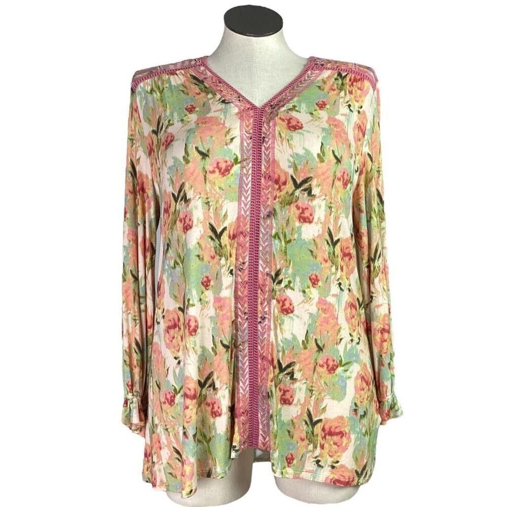 Soft Surroundings Top Women L Pink Multi Essex Floral Embroidery Long Sleeves